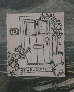 A sketch of a front door with a welcome matt and plants