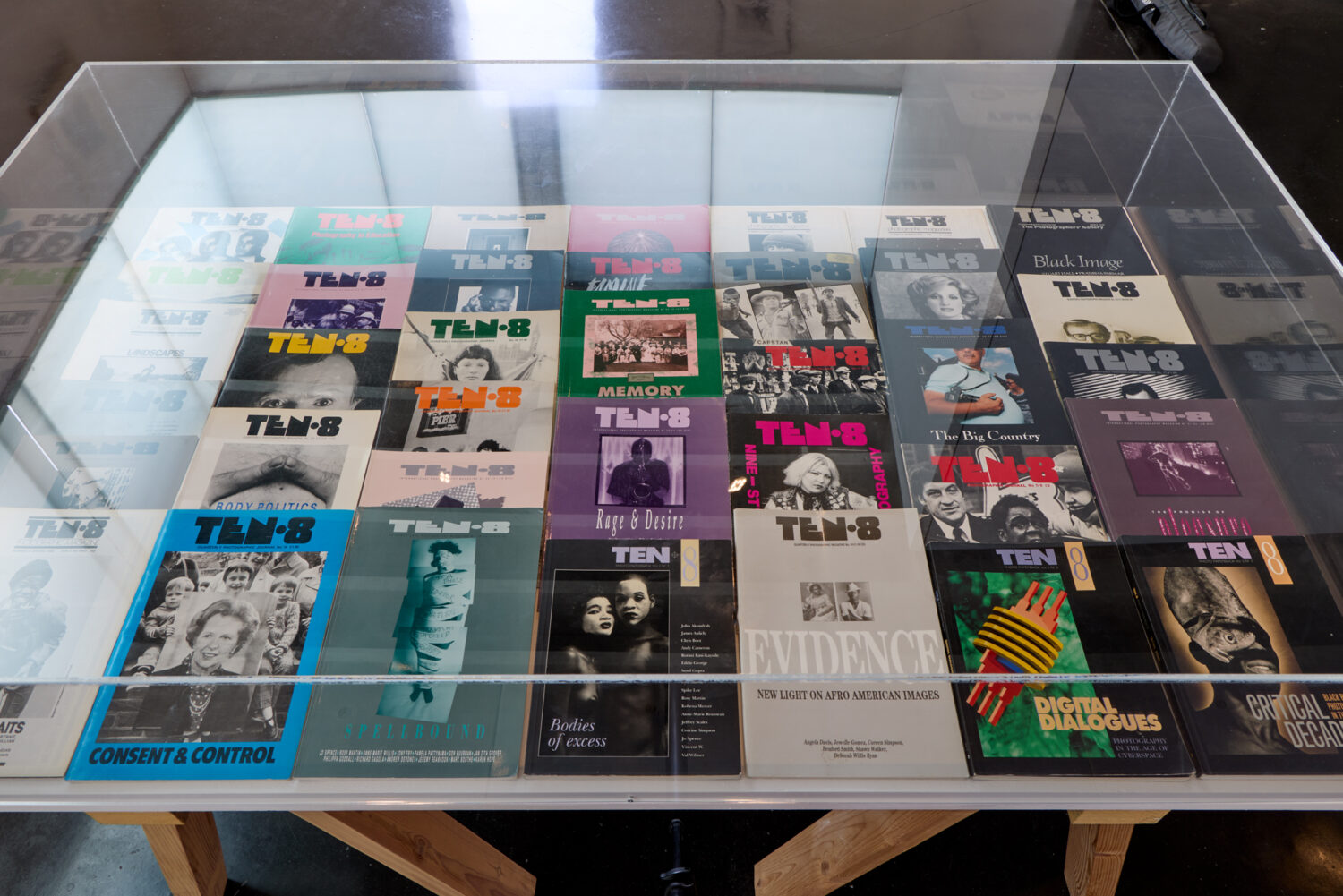 The complete set of 37 issues of Ten.8, loaned by David A Bailey, formerly owned by Nick Hedges. Ten.8 afterimage exhibition installation shot, The New Art Gallery Walsall in partnership with International Curators Forum (ICF), 2026. Photo: David Rowan.