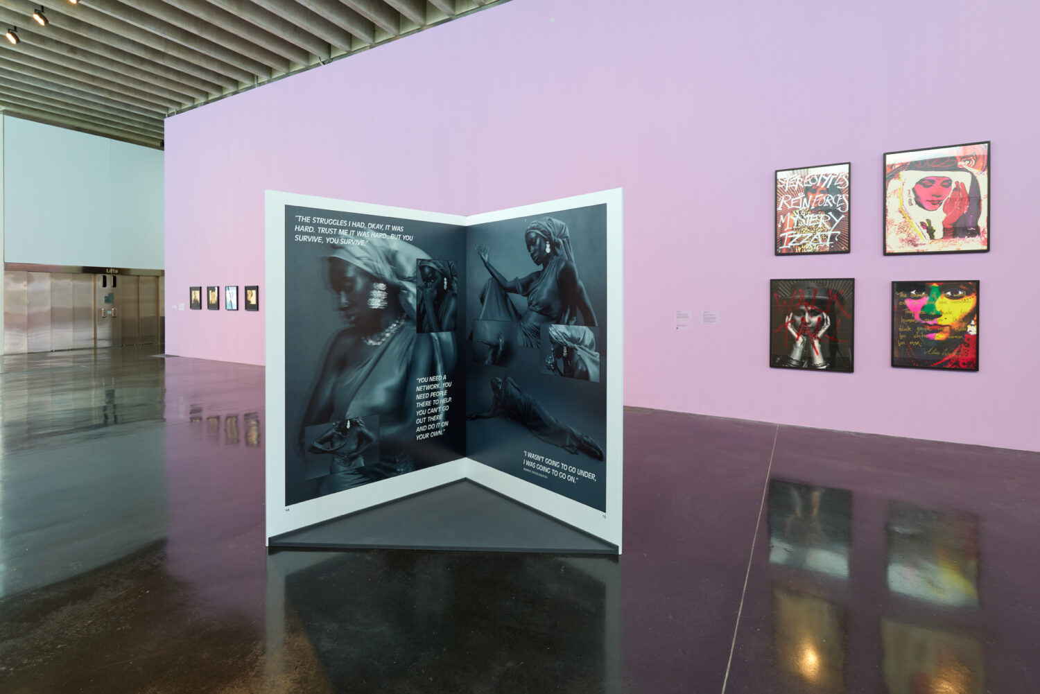 (Left) Heather Agyepong, Survival ’26, 2026, commissioned by The New Art Gallery Walsall and International Curators Forum. (Right) Chila Kumari Singh Burman, Body Weapons, 1992, The New Art Gallery Walsall, Permanent Collection. Ten.8 afterimage exhibition installation shot, The New Art Gallery Walsall in partnership with International Curators Forum (ICF), 2026. Photo: David Rowan.