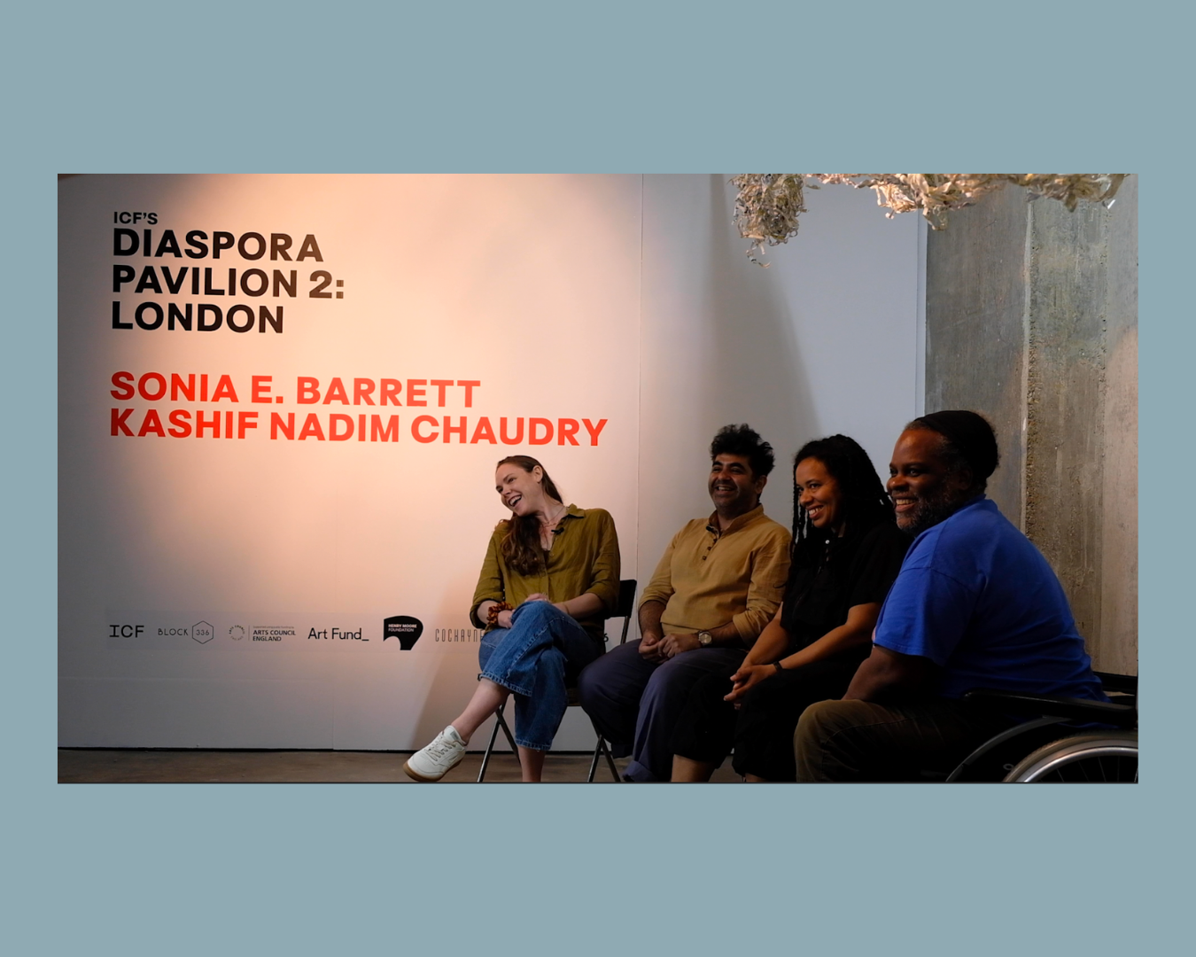 Jessica Taylor, Kashif Nadim Chaudry, Sonia E Barrett and David A Bailey in conversation for ICF's Diaspora Pavilion 2: London project at Block 336, curated by Jessica Taylor. Video still by Emmy Yoneda.